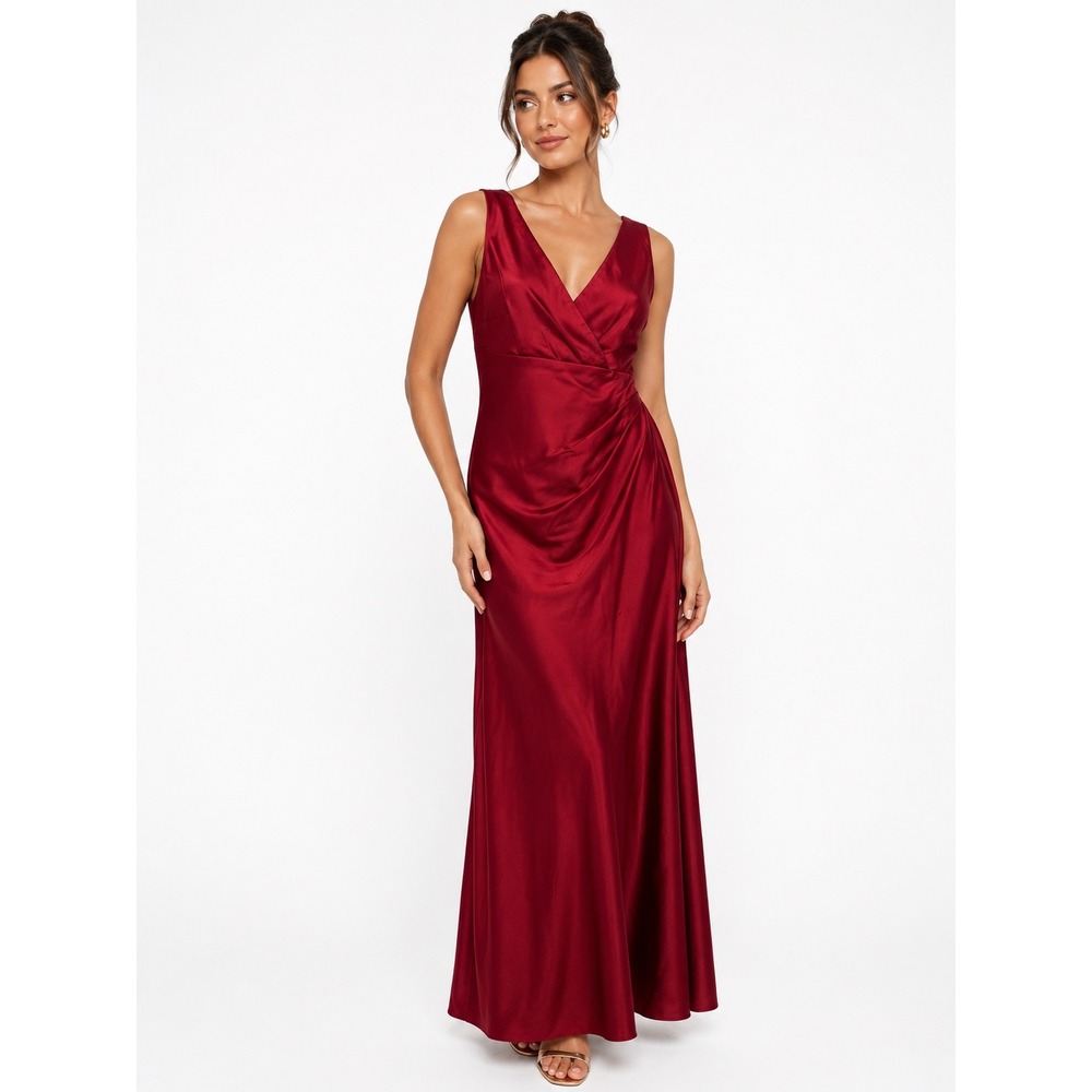 Lauren Ralph Lauren Red Satin Surplice V-Neck Ruched Maxi Gown Dress 12